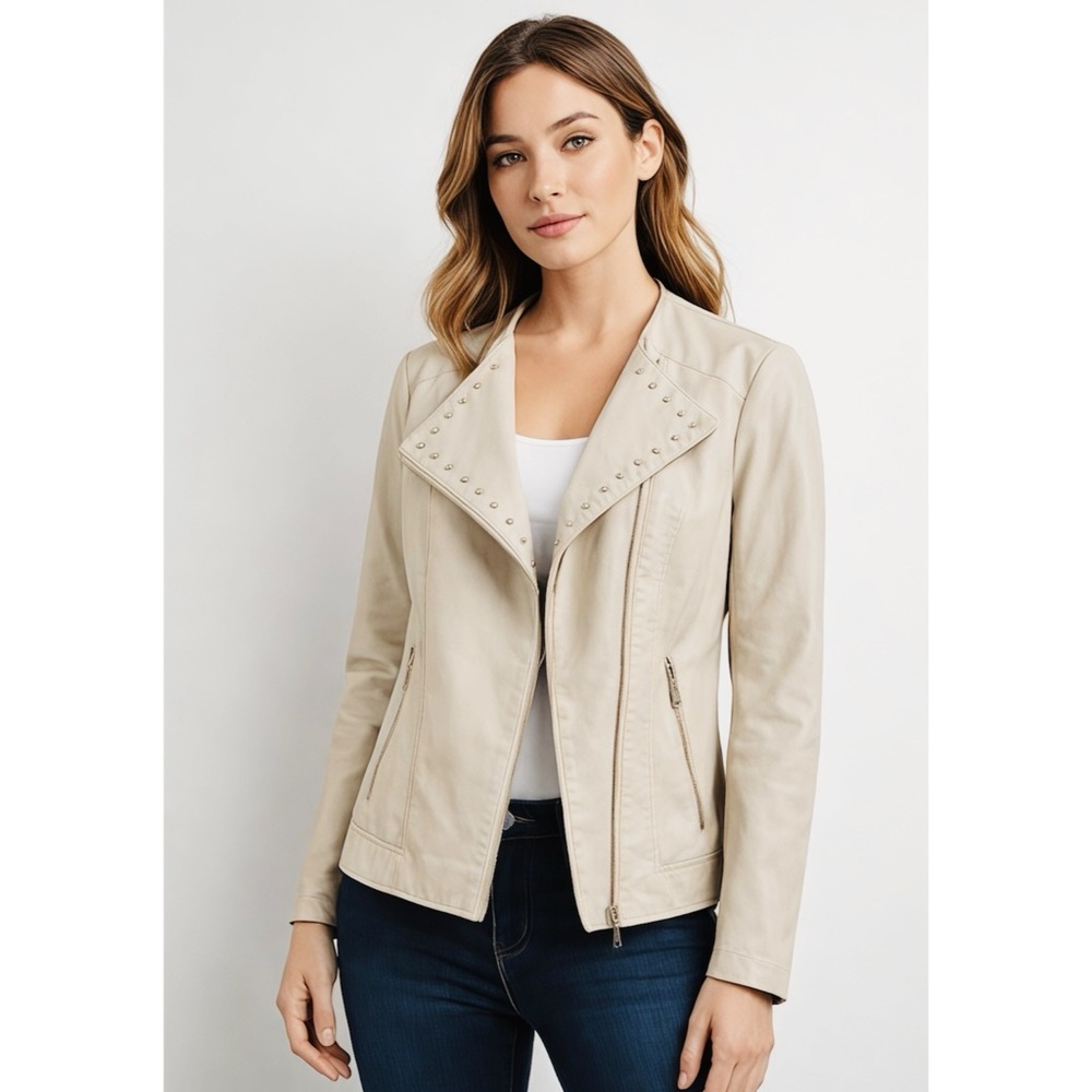 Cleo Cropped Vegan Leather Moto Jacket Neutral Beige Size XS